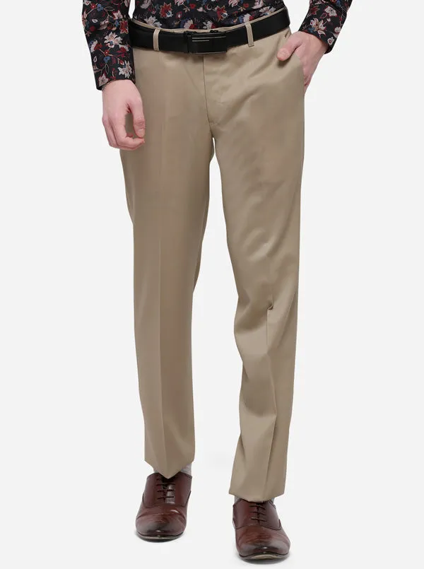 Beige Solid Slim Fit Formal Trouser | Metal