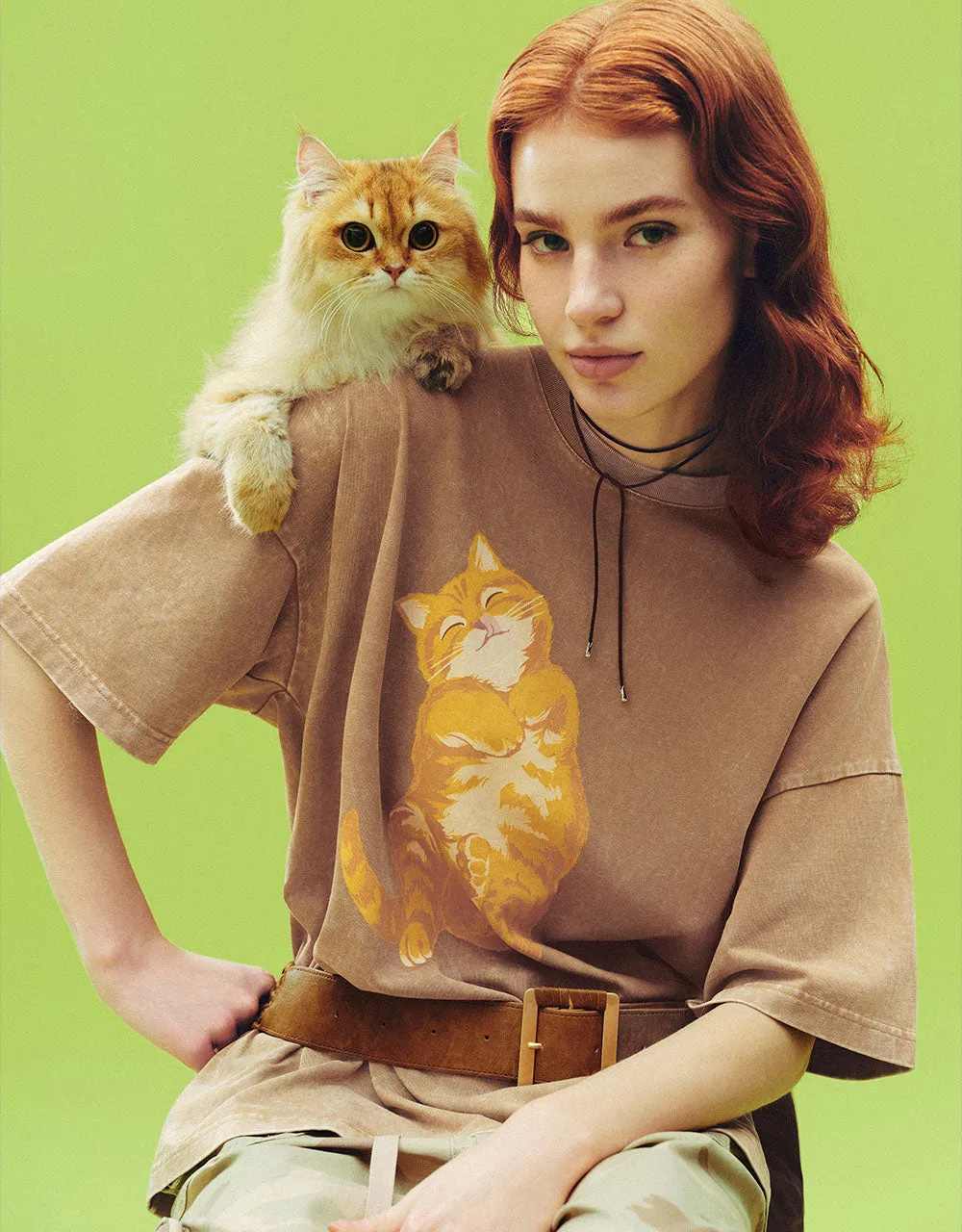 Cat Printed Crew Neck Loose T-Shirt