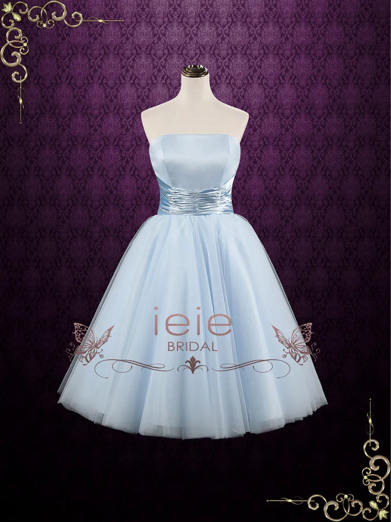 Retro Blue 50s Tea Length Strapless Tulle Prom Formal Dress | Emmie